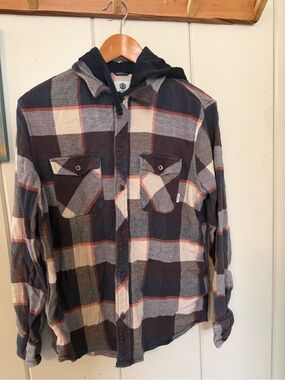 Element Men’s Medium Hooded Plaid Flannel Shirt Skate Grunge Brown Navy